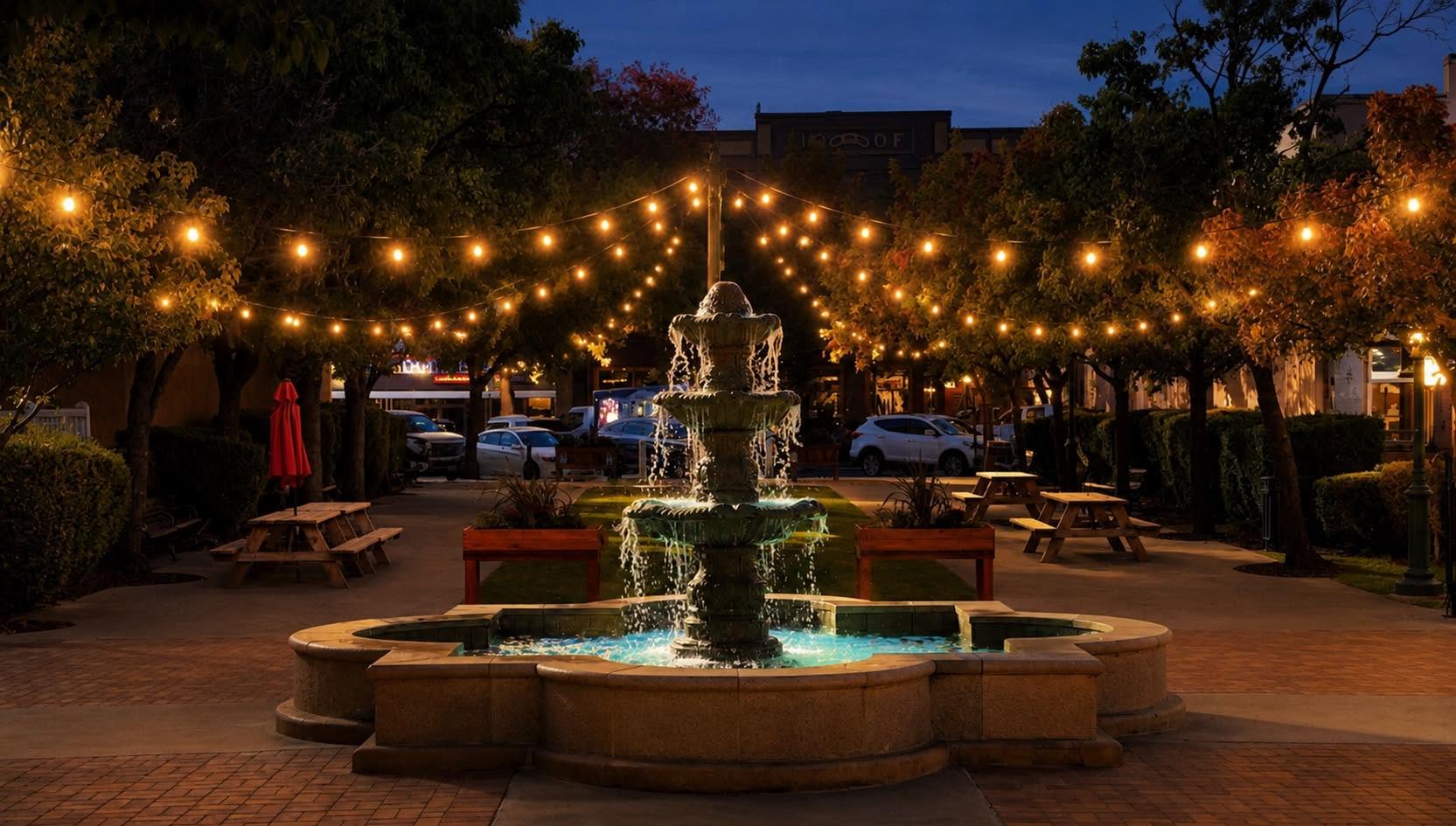 Beermans Plaza in Historic Downtown Lincoln at dusk — the fountain lit, string lights strung between the trees.