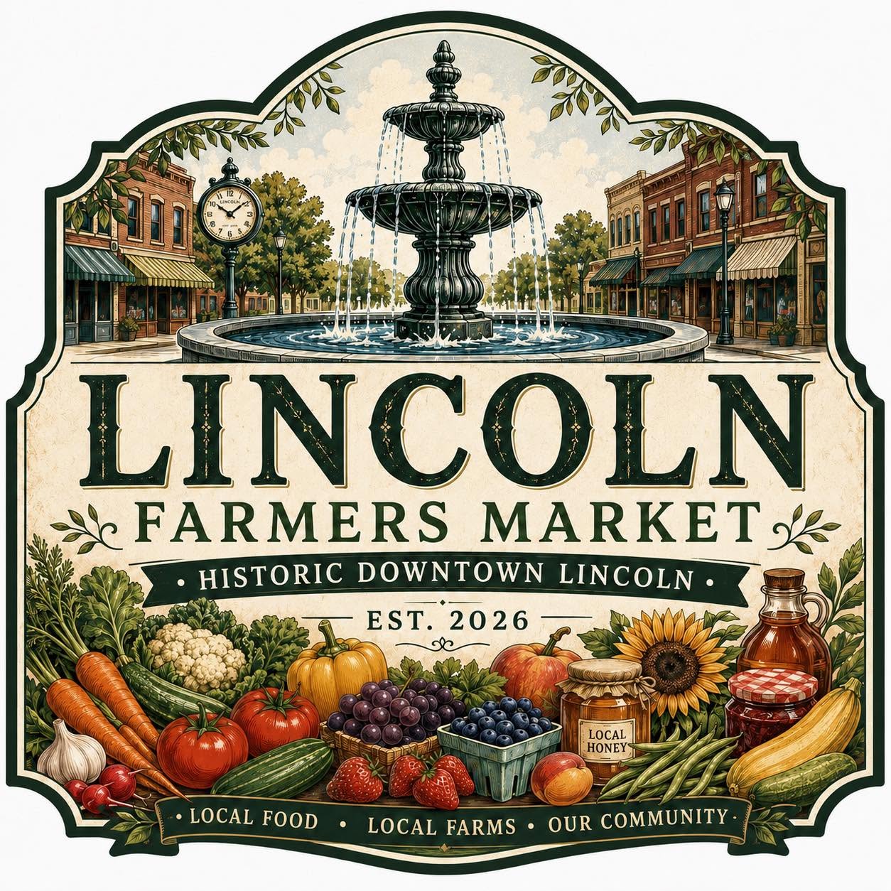 Lincoln Farmers Market emblem — the downtown fountain, the street clock and the historic storefronts of F Street.